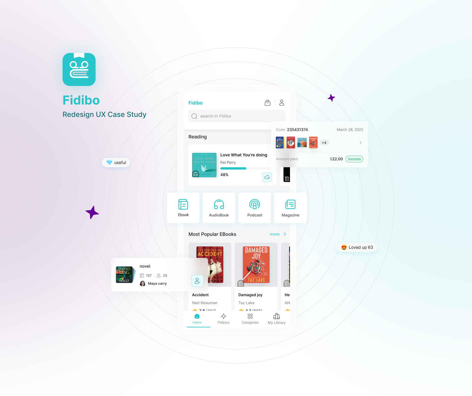 Original Fidibo case-study cover with reading and audio product screens