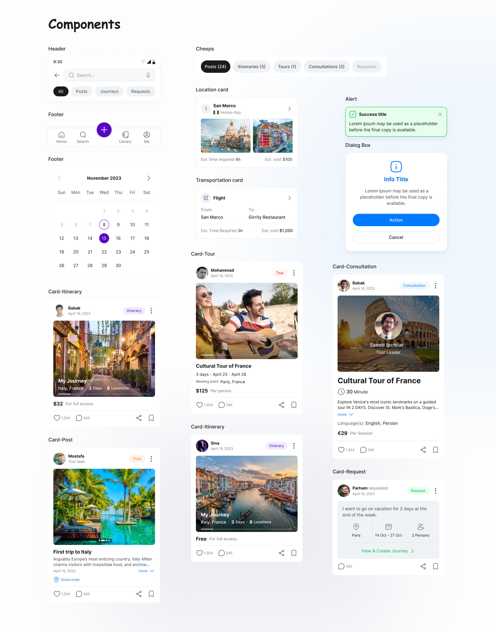 Original Xpertell component library with itinerary, tour, consultation, post, request, and navigation patterns