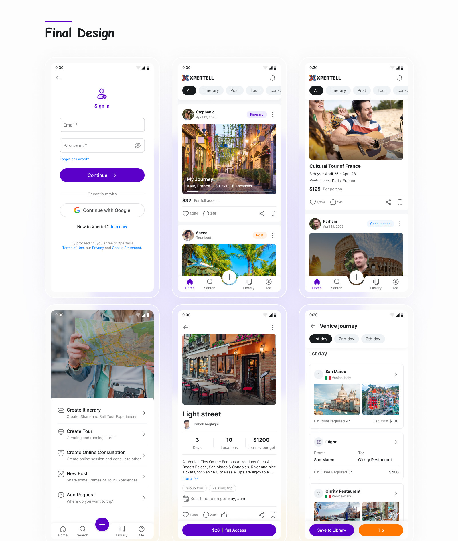 Original Xpertell product concepts showing sign-in, feed, creator entry, and itinerary creation