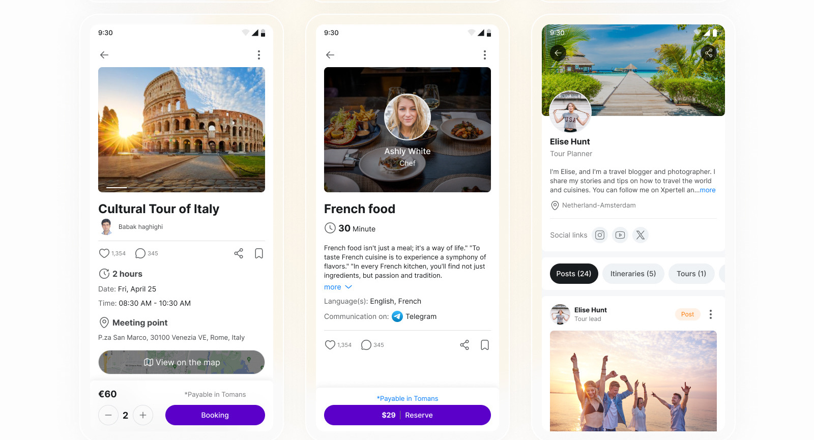 Original Xpertell product concepts for tour, consultation, itinerary details, and booking